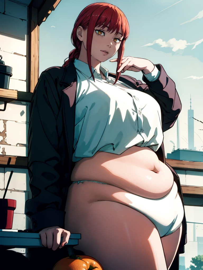 Le personnage Makima de la série animée Chainsaw Man, fragile, obésité morbide, ssbbw, pleine longueur (corps entier 1.1.), fond sombre, obscurité, anatomie correcte 1.1, anatomie correcte de la main, Très féminin, corps gras et rond, grosses Jambes, fesses, beau corps obèse, ventre rond et mou très gras, cheveux roux, Yeux oranges, Cercles rouges pour les écoliers, chemise blanche, jupe noire, cravate noire, pose sexy, réaliste, very détaillé, beau corps, détaillé body, détaillé hands, détaillé, vibrant, détaillé Face, Conception des personnages de Makima. very détaillé, détaillé body, détaillé hands, détaillé Face, Art animé, Hugh Détails, Visage très abattu, détaillé eyes, Illustration ultra fine, Meilleure ombre, détail fin, beautiful détaillé glow, beautiful détaillé, Extraordinairement beau, extremely détaillé, inexpressif, composition épique, Style animé. art animé, Style animé. Jupe noire, chemise blanche, cravatte, pose sexy, visage très bouffi, visage gras, double menton, visage obèse, grosses joues, gros cou, visage de femme obese, joufflue, visage bbw