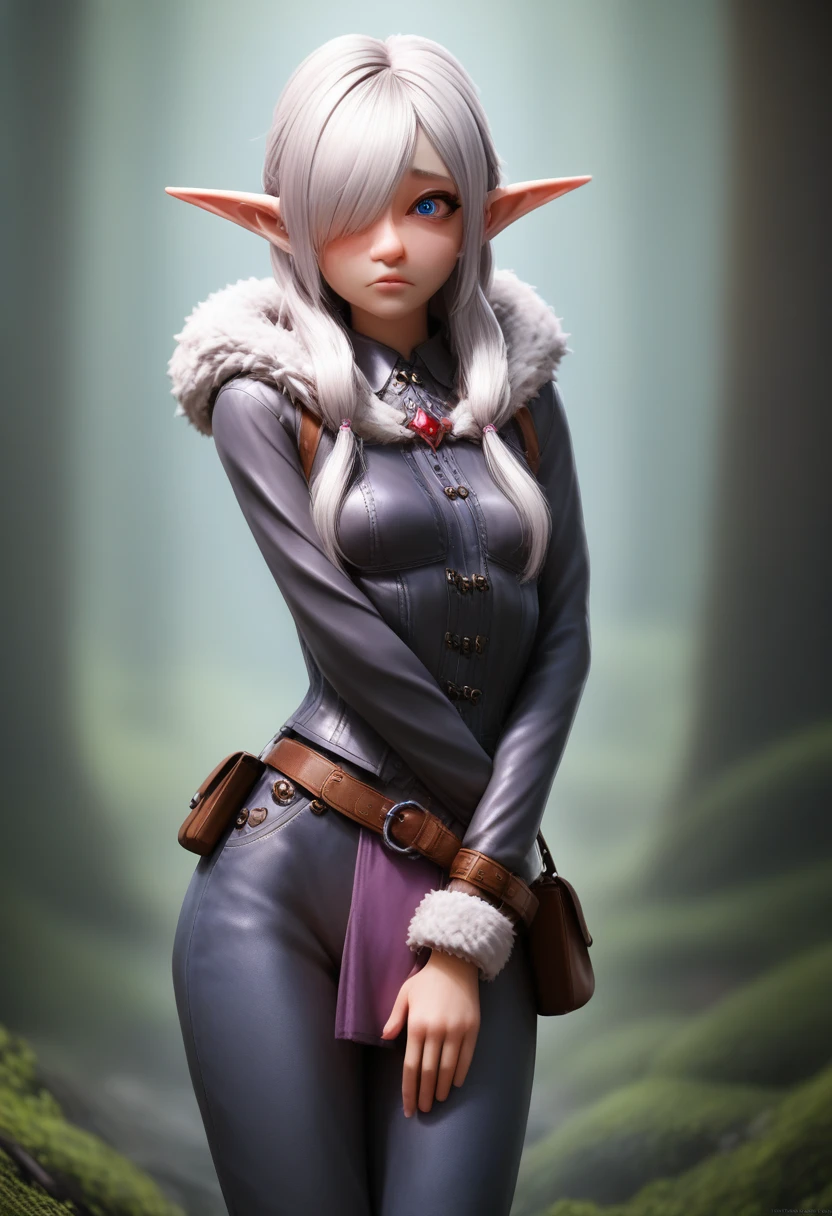 ((Best Quality)), (Masterpiece)), (Details: 1.4), Absurd Resolution, High Resolution, (Masterpiece: 1.4), Ultra Detailed, detailed gnome girl with pale skin, short stature, and very long silver hair that curls at the ends, covering one eye, with small breasts, pouty lips, and bright blue anime-style eyes with long lashes, wearing a corset, white puffy long sleeved shirt, and puffy cloth pants, leather bound boots, set in a windy fantasy landscape, (best quality,4k,8k,highres,masterpiece:1.2),ultra-detailed, dungeons and dragons, long elf ears, small girl, detailed skin and cloth textures, cute detailed face, intricate details, extremely detailed, 1girl, dynamic pose with hair covering one eye, shy personality, puffy cloth pants with leather belt, detailed privateer outfit, detailed buccaneer outfit, pouch on belt, wearing ornate leather armor with fur trim, silver inlay detail, wearing fur trimmed boots, wearing fur trimmed gloves, short, short height, halfing girl, small girl, lots of hair