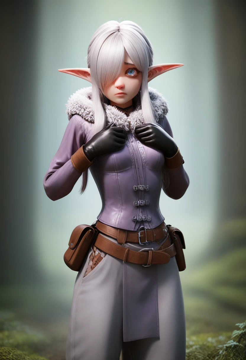 ((Best Quality)), (Masterpiece)), (Details: 1.4), Absurd Resolution, High Resolution, (Masterpiece: 1.4), Ultra Detailed, detailed gnome girl with pale skin, short stature, and very long silver hair that curls at the ends, covering one eye, with small breasts, pouty lips, and bright blue anime-style eyes with long lashes, wearing a corset, white puffy long sleeved shirt, and puffy cloth pants, leather bound boots, set in a windy fantasy landscape, (best quality,4k,8k,highres,masterpiece:1.2),ultra-detailed, dungeons and dragons, long elf ears, small girl, detailed skin and cloth textures, cute detailed face, intricate details, extremely detailed, 1girl, dynamic pose with hair covering one eye, shy personality, puffy cloth pants with leather belt, detailed privateer outfit, detailed buccaneer outfit, pouch on belt, wearing ornate leather armor with fur trim, silver inlay detail, wearing fur trimmed boots, wearing fur trimmed gloves, short, short height, halfing girl, small girl, lots of hair