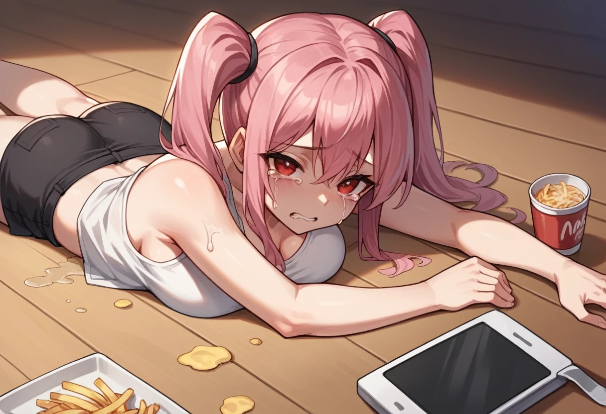 Highly detailed, High Quality, Masterpiece, beautiful, ApuMeme, 1girl, solo, pink hair, red eyes, twin tails, white tank top, shorts, short shorts, black shorts, lying, tears, on stomach, food, spill, crying, shadow, tearing up, on floor, cup, french fries, fit body, 20 years old girl, looking at viewer, big breasts, sobbing