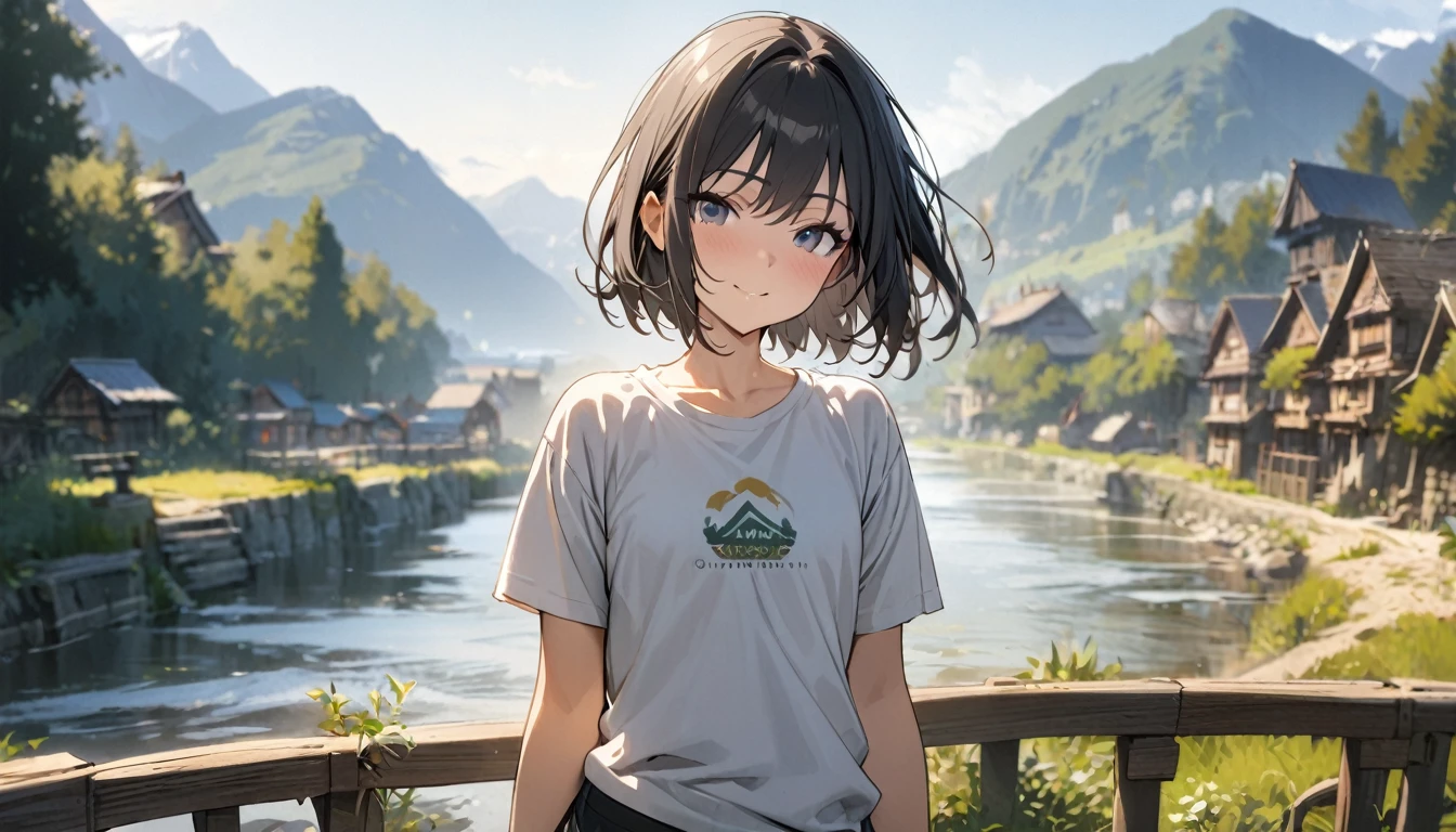 1girl, solo, gentle smile on her face flat chest, short hair, black hair, upper body, ((masterpiece, illustration, best quality)) ((best quality)), ((masterpiece)), (detailed), (masterpiece)),(((bestquality))),((ultra-detailed)) realisticlying, 1 girl, Beautiful, black hair, not windy, morning, outdoor, village, river, wearing a t-shirt, montain. (Blur background 10%)