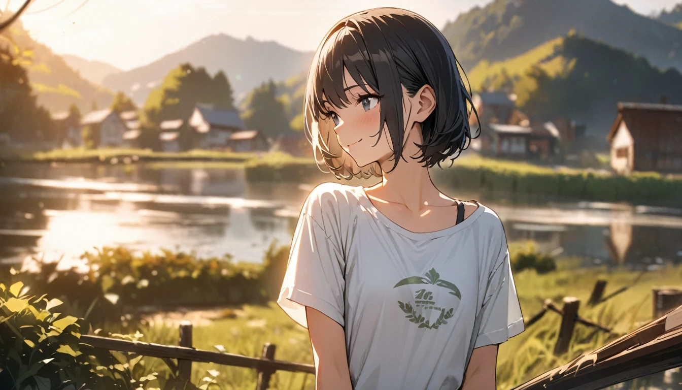 1girl, solo, gentle smile on her face flat chest, short hair, black hair, upper body, ((masterpiece, illustration, best quality)) ((best quality)), ((masterpiece)), (detailed), (masterpiece)),(((bestquality))),((ultra-detailed)) realisticlying, 1 girl, Beautiful, black hair, not windy, morning, outdoor, village, river, wearing a t-shirt, montain. (Blur background 10%)