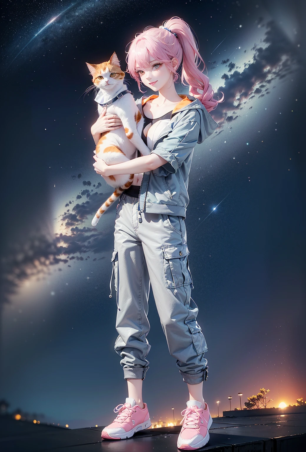 (((Holding a cute orange short-legged cat in both hands,Correct anatomy))),((Highest quality,masterpiece,Full frontal view of a super mature and tall beauty,Air bangs,Blue gray high ponytail super long straight hair,Slightly curly hair on double sideburns,Hair ends curled in,Gray short sleeves,Light blue denim gray hooded jacket,Black and gray long and wide cargo pants,pink and white sneakers,Exposed clavicle)),((Mature and sexy,Smile slightly,Look at the camera head-on)),starry sky galaxy background