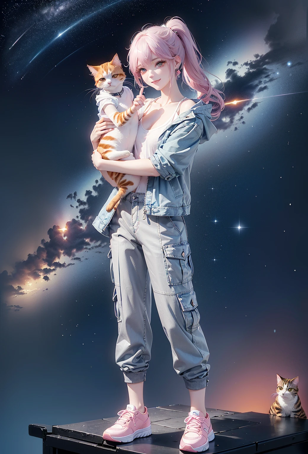 (((Holding a cute orange short-legged cat in both hands,Correct anatomy))),((Highest quality,masterpiece,Full frontal view of a super mature and tall beauty,Air bangs,Blue gray high ponytail super long straight hair,Slightly curly hair on double sideburns,Hair ends curled in,Gray short sleeves,Light blue denim gray hooded jacket,Black and gray long and wide cargo pants,pink and white sneakers,Exposed clavicle)),((Mature and sexy,Smile slightly,Look at the camera head-on)),starry sky galaxy background