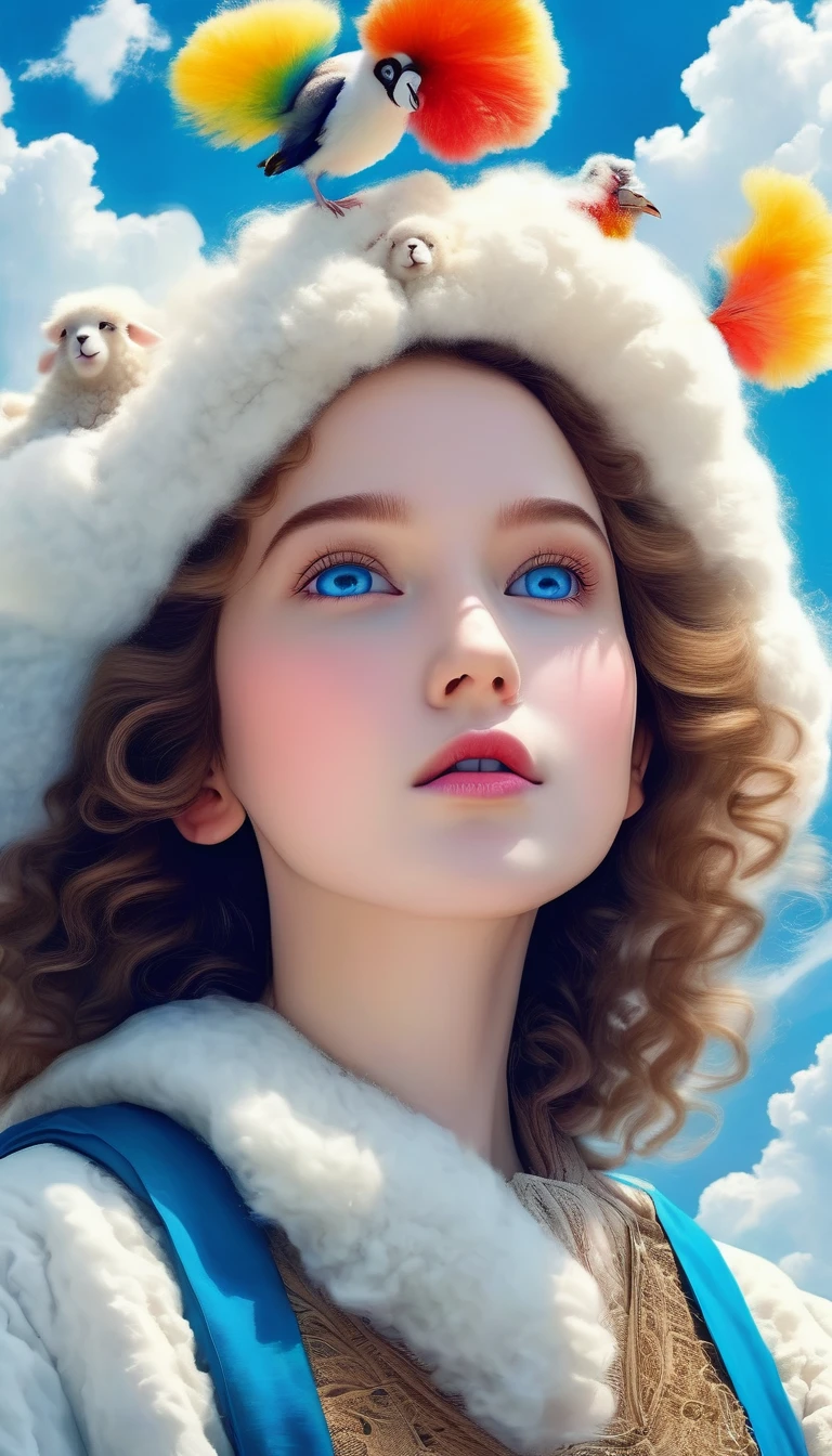 1 girl,bird,beautiful detailed blue eyes,cloud,curly hair,outdoor,furry trim,pom pom(clothes),sheep,sky,solo,upper body,wavy hair,(best quality,4k,8k,highres,masterpiece:1.2),ultra-detailed,(realistic,photorealistic,photo-realistic:1.37),beautiful portrait,fantasy,magical realism,vibrant colors,dramatic lighting