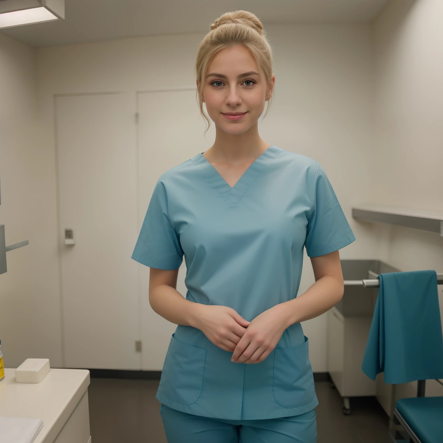 A Realistic Portrait, of a girl (Lady Oscar), working as surgical nurse,  , blonde hair, Beautiful, detailed face, detailed eyes, (realistic skin:1.3), (pale skin:1.1), (textured skin:1.3), (()), big smile, (iphone photograph),  ), (artificial lighting:1.3),  looking at the camera, perfect slim body, amateur Photography, Photorealistic, Detailed, analog, poor quality, grainy, , wide angle, showing full body and legs ,standing in medical change room, s short hair tied up as hair bun / Chignon , wearing  ultra-soft tight dark teal surgical scrubs, scrub trousers and scrub top, maximum-dark green surgical scrubs, working in operation room, non-nude,