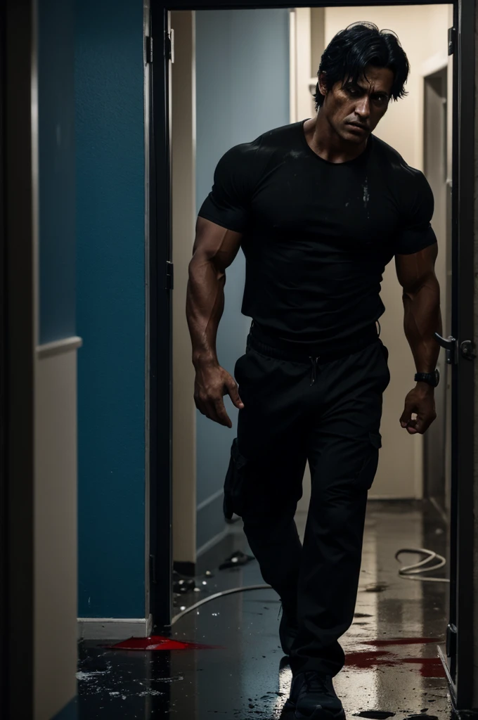 Photograph of a man at a crime scene, with defined jaw and messy black hair dressed in black and muscles over bulging eyes on the dark blue and blood stained floor
