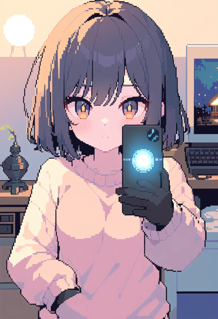 pixel art, Veronica Cipher ((upper body selfie, hapiness的)), Masterpiece, Superior quality, ultra detailed, alone, exterior, (evening), ROOM, gamer, (Star, officer) hapiness, hapiness的, gloves, sweater, have, flashlight, wood, Get rich, shadow, Compared, clear sky, analogy style (View viewer:1.2) (texture) (film grain: 1.3), (warm colors, warm colors): 1.2), close up, movie light, Side light, ultra high resolution, 背心shadow, RAW, wear a sweater, Kodak Vision 3, girl, black fur, pastel pink skin