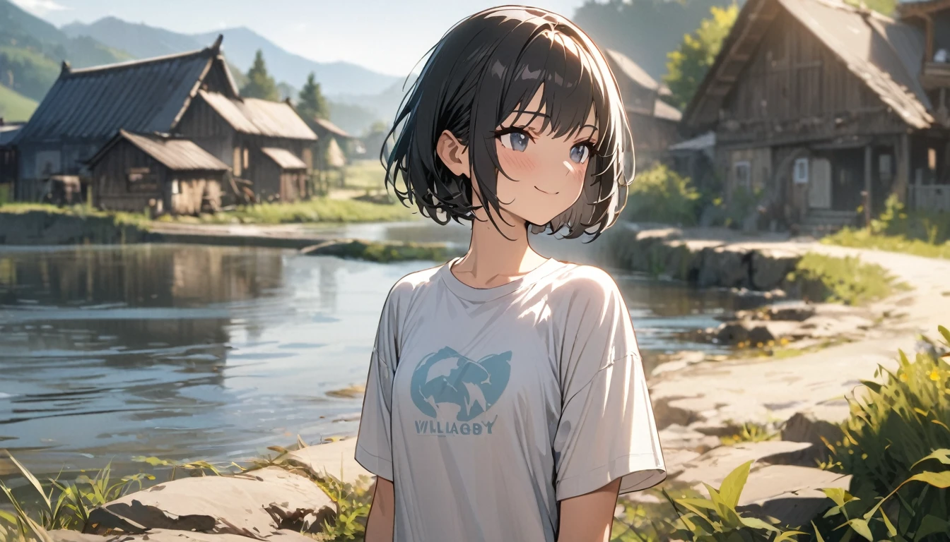 1girl, solo, gentle smile on her face flat chest, short hair, black hair, upper body, ((masterpiece, illustration, best quality)) ((best quality)), ((masterpiece)), (detailed), (masterpiece)),(((bestquality))),((ultra-detailed)) realisticlying, 1 girl, Beautiful, black hair, not windy, morning, outdoor, village, river, wearing a t-shirt, montain. (Blur background 10%)