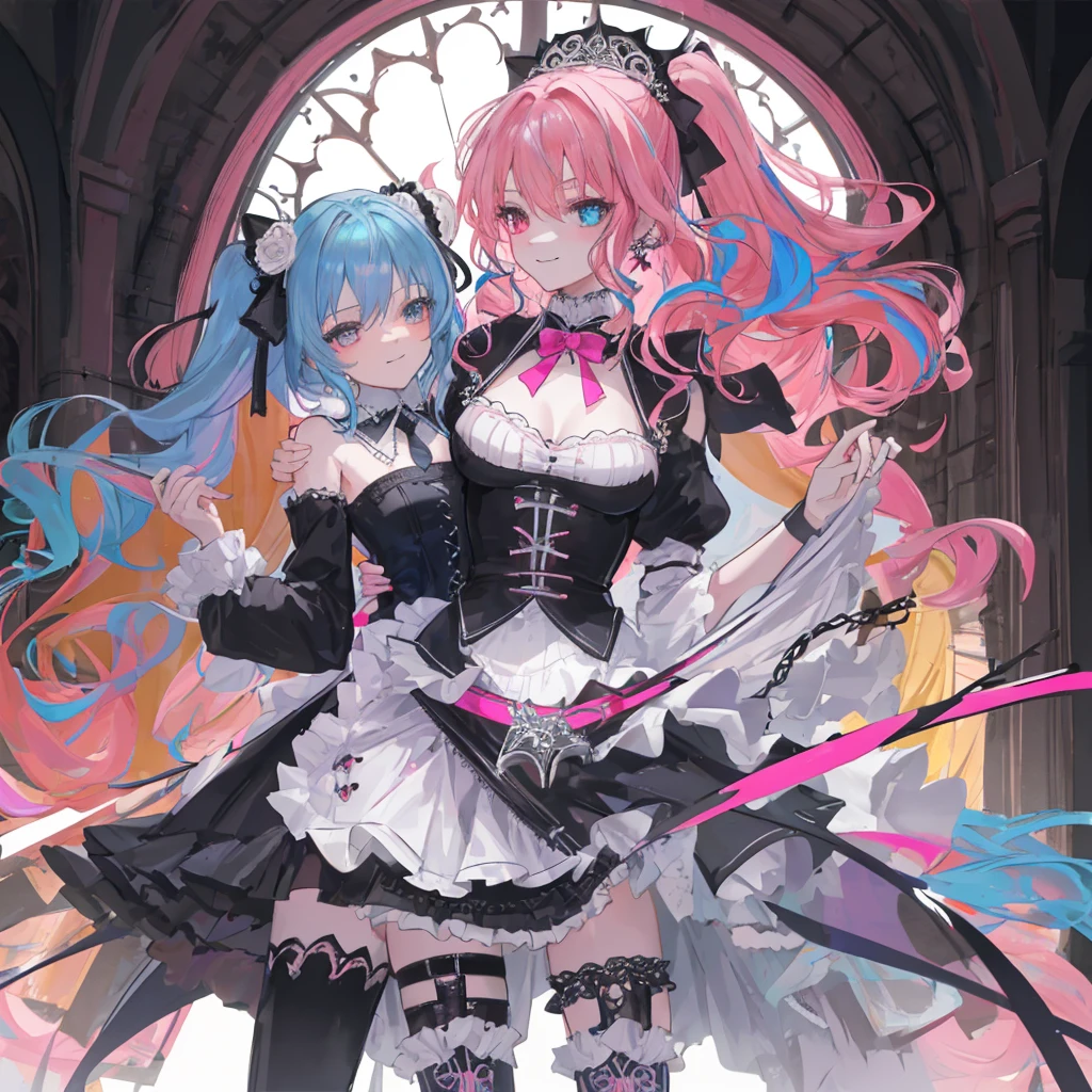 Highly detailed and realistic CG, Colorful, Masterpiece, Best Quality, magnificent, jewel-like eyes, 2girl, adults, , cute girl, blue hair and pink hair, wavy hair, gothic , black clothes, evil smile, standing,gothic ribbon, ribbon tie, white background, small breasts,miniskirt, gothic boots,black thighhighs, from front, dutch angle,slim body,