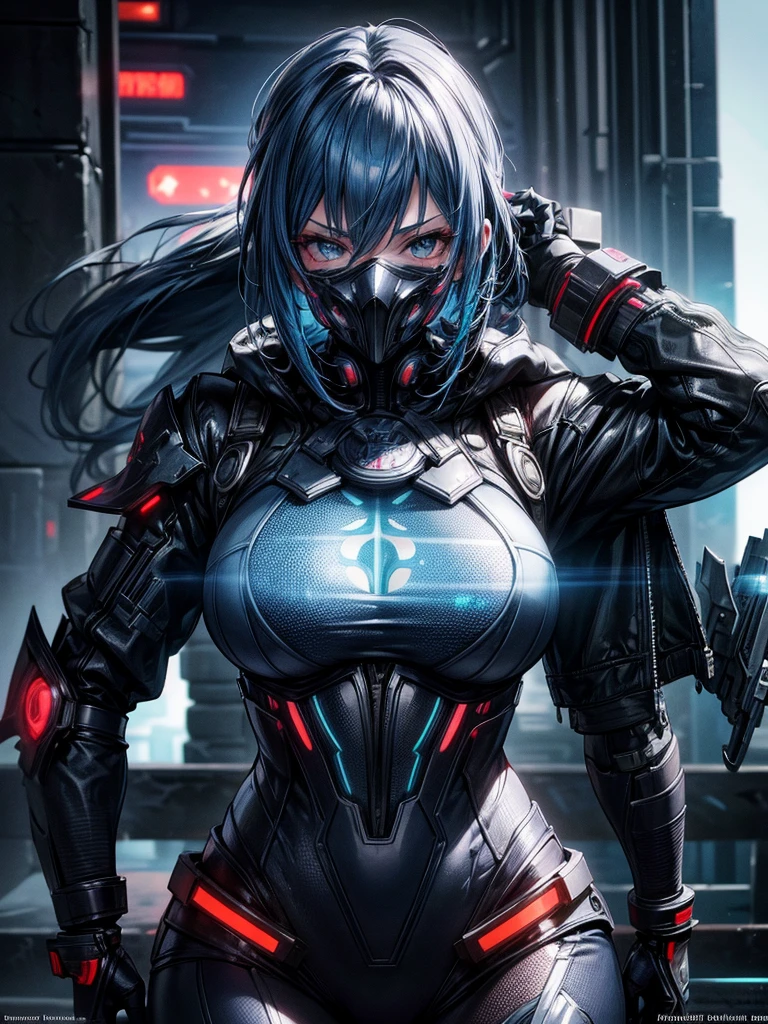 a beautiful detailed anime girl, sexy urban futuristic outfit, subzero mortal kombat mask covering mouth, submachine gun on back, masterpiece, 8k, ultra-detailed, photorealistic, intricate details, dramatic lighting, vibrant colors, cinematic composition, cyberpunk, science fiction, concept art style