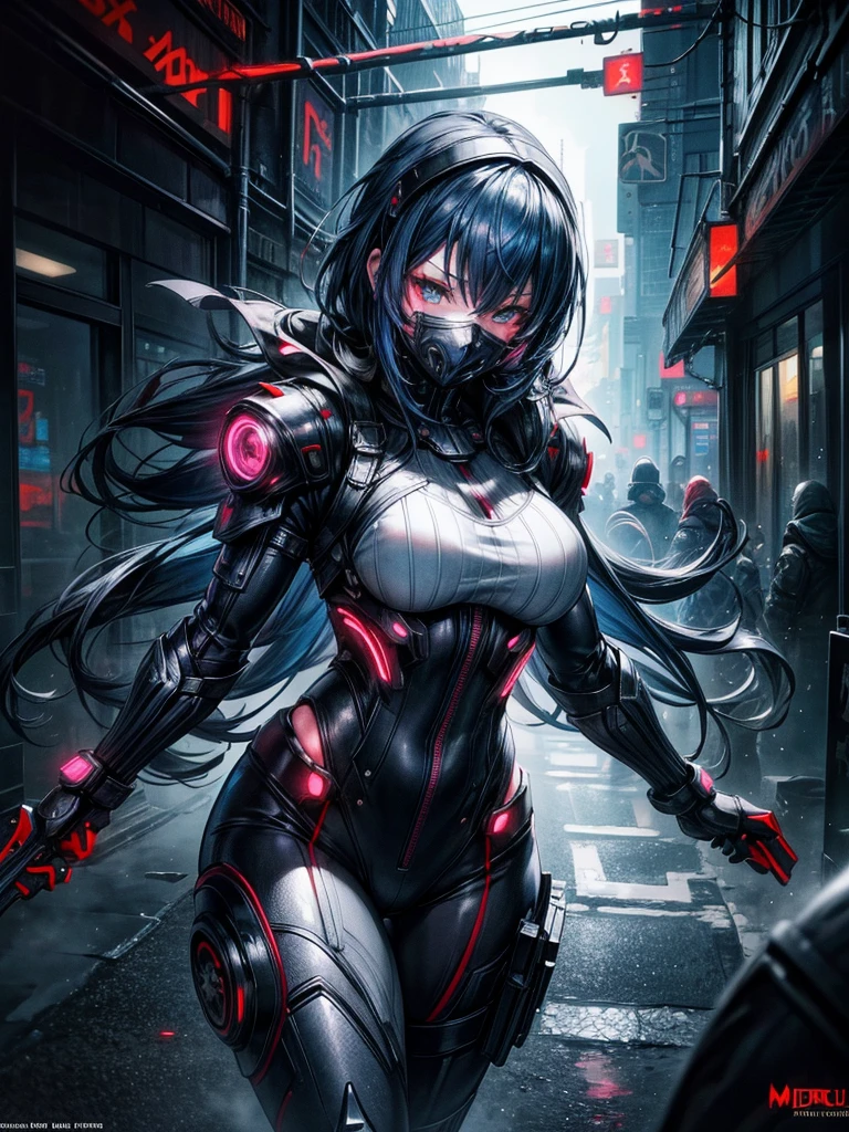 a beautiful detailed anime girl, sexy urban futuristic outfit, subzero mortal kombat mask covering mouth, submachine gun on back, masterpiece, 8k, ultra-detailed, photorealistic, intricate details, dramatic lighting, vibrant colors, cinematic composition, cyberpunk, science fiction, concept art style