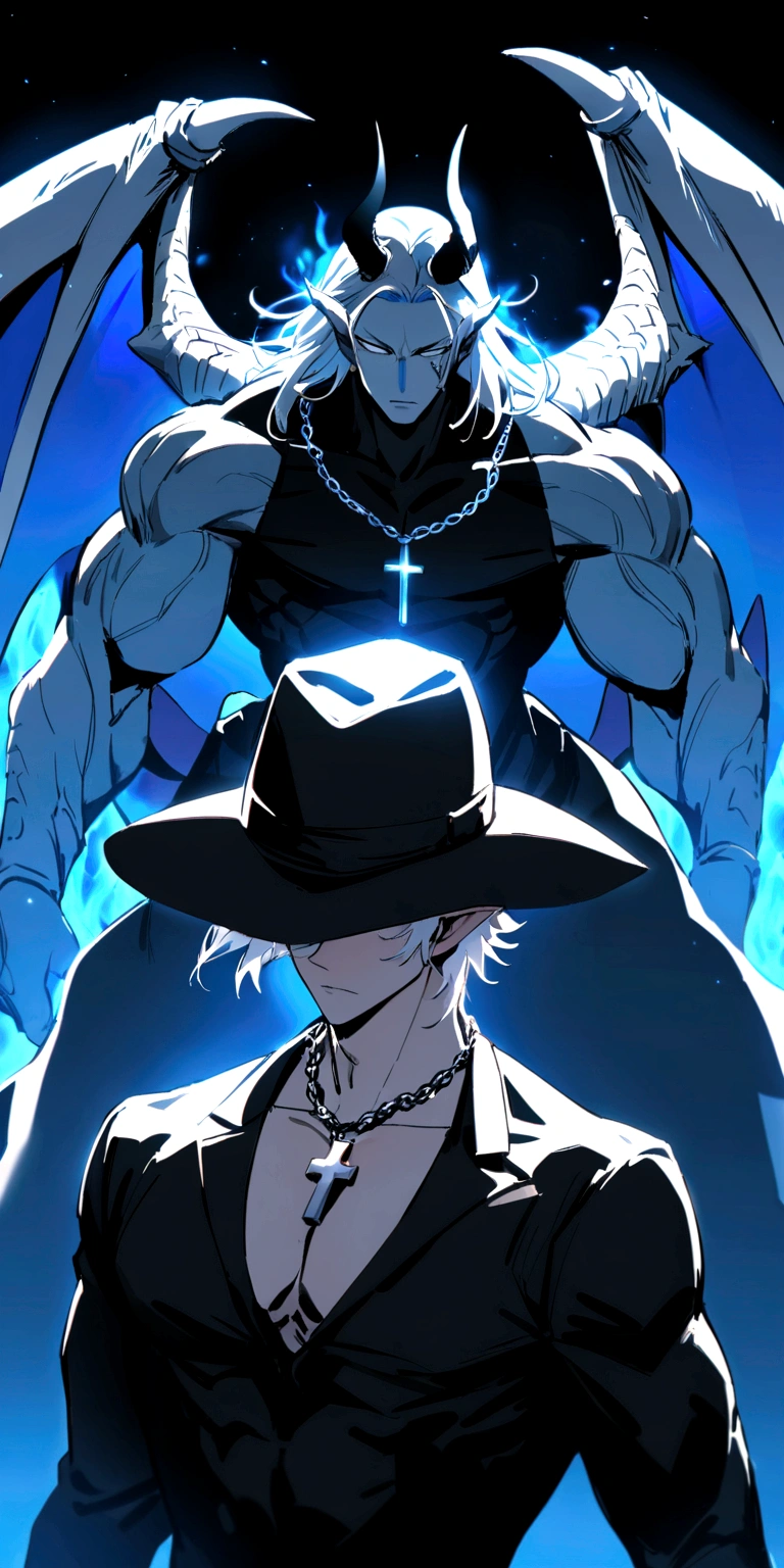 homen,Strong muscles, White hair, best quality,crop therefore , blue and black clothes, Dragon Wings, black cloth on face, silver cross chain on neck, black long-brimmed fedora hat with black and blue dragon horns on the hat, blue aura