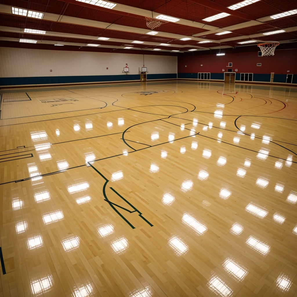 a beautiful school basketball court, red details, "Woodsboro" team name on the floor, realistic, detailed, high quality, 4k, masterpiece, ultra-detailed, photorealistic, sharp focus, physically-based rendering, professional, vivid colors, HDR, UHD, studio lighting, extreme detail