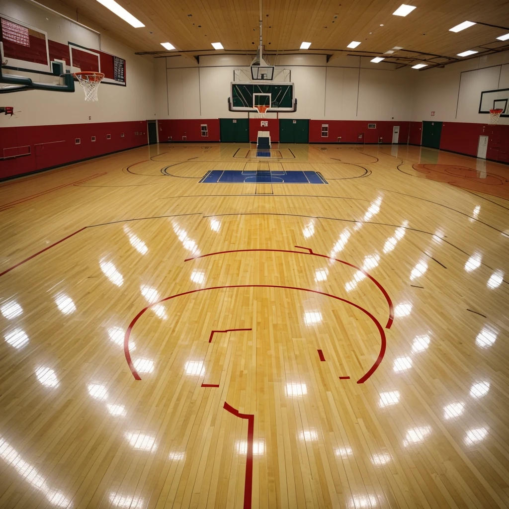 a beautiful school basketball court, red details, "Woodsboro" team name on the floor, realistic, detailed, high quality, 4k, masterpiece, ultra-detailed, photorealistic, sharp focus, physically-based rendering, professional, vivid colors, HDR, UHD, studio lighting, extreme detail