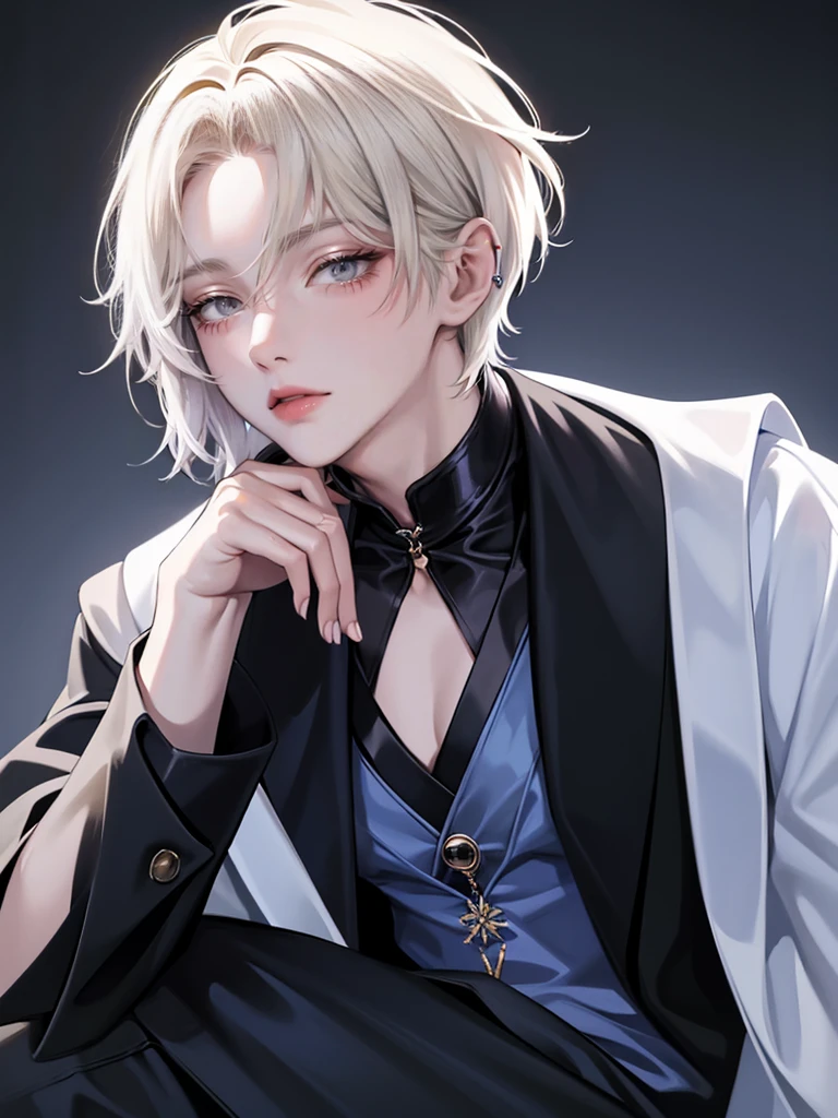 One Beautiful Boy、light golden short hair、Hairstyle with black end color、Light blue colorcon、small face、anime makeup、"A man with a cute and androgynous face"、white skin、cute eyes、Very thin eyebrows、tall、stylish black gothic fashion、long sleeves long pants、Winter clothes、19 years old、Japanese-Korean half man、Has a languid look、anger、Lower the corners of your mouth with no expression on your face、Photographed from the side diagonally、model photoshoot、masterpiece、highest quality、high resolution、fantasy、glaring expression、korean makeup、Wear a lot of piercings、Cool photos、blurred black filter、Various poses、blue filter、SeventeenのJEONGHANに似た顔、JEONGHAN、Seventeen