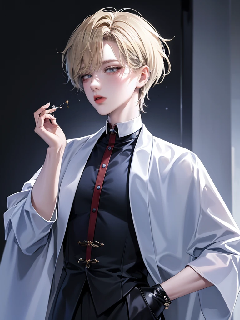 One Beautiful Boy、light golden short hair、Hairstyle with black end color、Light blue colorcon、small face、anime makeup、"A man with a cute and androgynous face"、white skin、cute eyes、Very thin eyebrows、tall、stylish black gothic fashion、long sleeves long pants、Winter clothes、19 years old、Japanese-Korean half man、Has a languid look、anger、Lower the corners of your mouth with no expression on your face、Photographed from the side diagonally、model photoshoot、masterpiece、highest quality、high resolution、fantasy、glaring expression、korean makeup、Wear a lot of piercings、Cool photos、blurred black filter、Various poses、blue filter、SeventeenのJEONGHANに似た顔、JEONGHAN、Seventeen