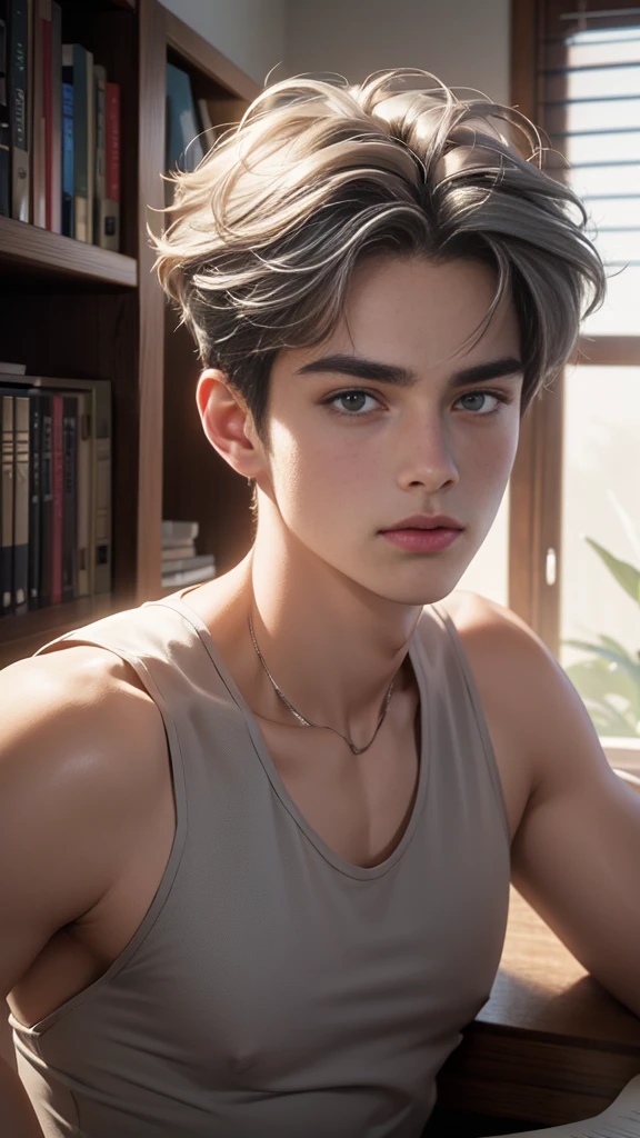 8K, Highest quality, masterpiece, Ultra-high resolution, study room, 1 male, male face, sanpak eyes, looking at viewer, looking up, natural pose, short hair, wavy hair, shiny hair, gray hair, Tank top