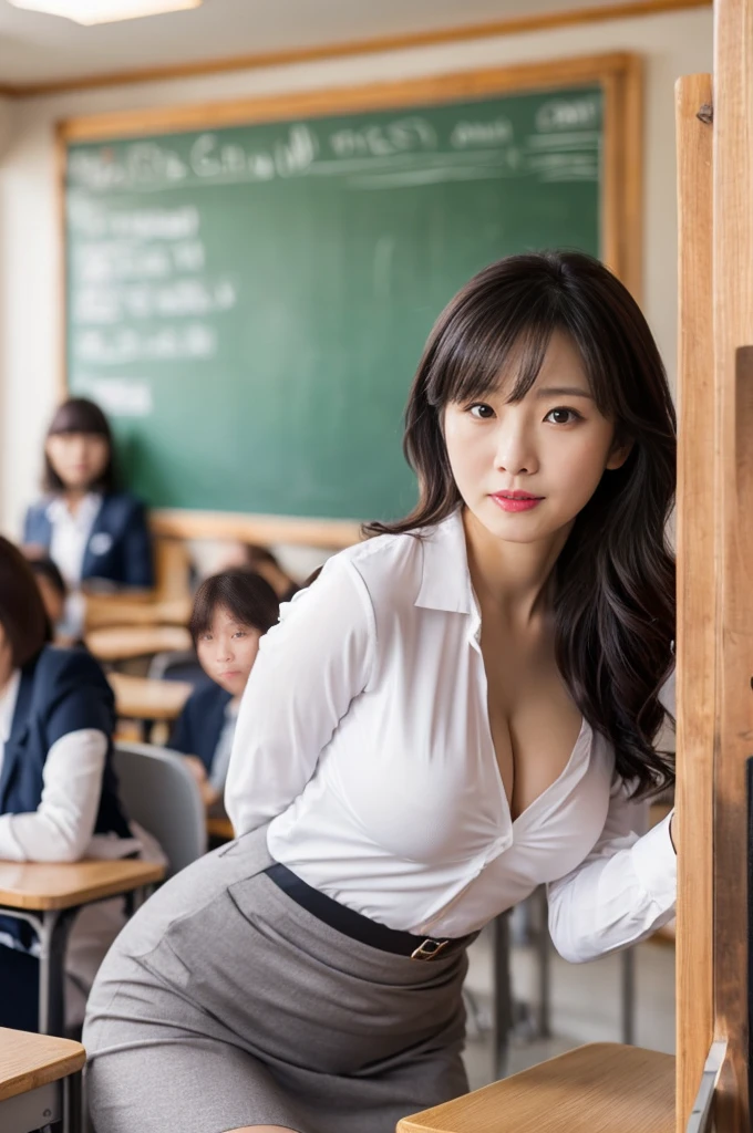 (female black business suits:1.5), ((m-spread legs)), (large breast:1.8), 1woman, beautiful female, black hair, solo, ((high school teacher)), (in the school class room:1.7), (lean against the blackboard:1.6), (wear a white blouse:1.1), (8k, ultra high res, best quality, (masterpiece:1.2), ultra-detailed, (best quality:1.4), (ultra highres:1.2), (photo realistic:1.4), ((pussy)), (spread legs:1.2), (female orgasm), nsfw, BREAK skirtlift, missionarypose, 1boy, penis, lying, missionary, vaginal, open mouth, close eyes,Japanese