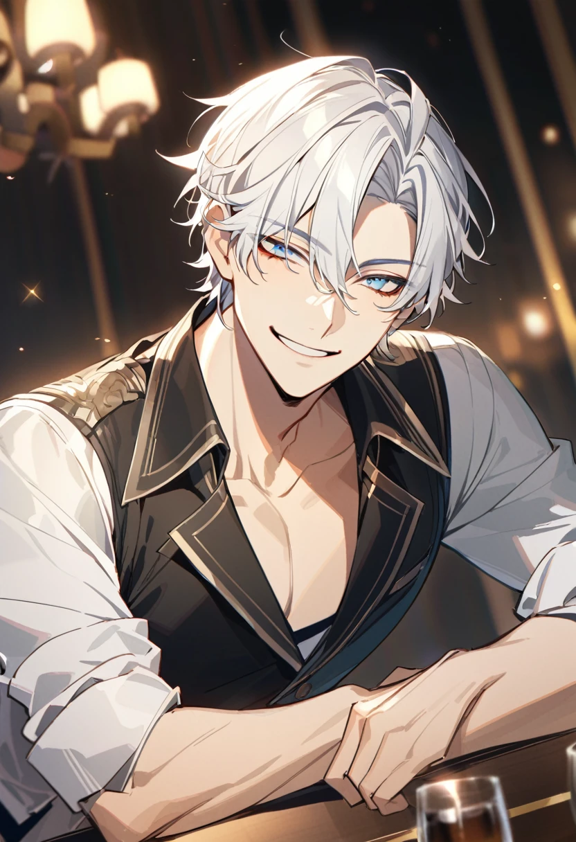 Handsome, solo, 1 male, very short hair, gold eyes, white hair, smile facial, ((shirt)), blue eyes, загадочное выражение лица, (((загадочная улыбка)))