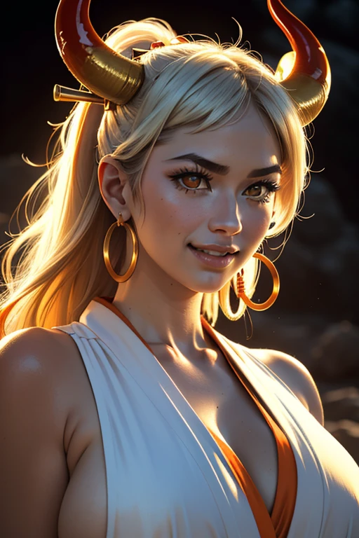 8k ultra realistic cg, Masterpiece, ((ultra detailed background, delicate pattern, intricate detail)), (Very detailed, fine details), Best Quality, (photorealistic:1.4),beautiful lighting, absurdities, photo and gross, film grain, ((big breasts, masculine girl)), Yamato, wide, 1 girl, horns, by white, Alone, they, red horns, curled horns, hair ornament, (multicolored horns), jewelry, earrings, japanese clothes, kimono, hair stick, sleeveless, bare shoulders, aquamarine hair, Side locks, hoop earrings, also, SMILE, wide SMILE, ((orange eyes, masculine girl, big breasts)), (complex detailed background, barren land, officer, portrait, close up), showing breasts