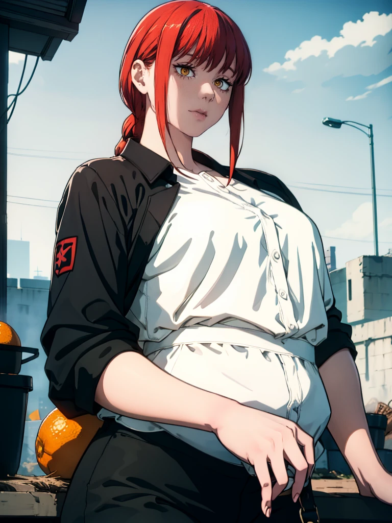 Le personnage Makima de la série animée Chainsaw Man, fragile, obésité morbide, ssbbw, pleine longueur (corps entier 1.1.), fond sombre, obscurité, anatomie correcte 1.1, anatomie correcte de la main, Très féminin, corps gras et rond, grosses Jambes, fesses, beau corps obèse, ventre rond et mou très gras, cheveux roux, Yeux oranges, Cercles rouges pour les écoliers, chemise blanche, jupe noire, cravate noire, pose sexy, réaliste, very détaillé, beau corps, détaillé body, détaillé hands, détaillé, vibrant, détaillé Face, Conception des personnages de Makima. very détaillé, détaillé body, détaillé hands, détaillé Face, Art animé, Hugh Détails, Visage très abattu, détaillé eyes, Illustration ultra fine, Meilleure ombre, détail fin, beautiful détaillé glow, beautiful détaillé, Extraordinairement beau, extremely détaillé, inexpressif, composition épique, Style animé. art animé, Style animé. Jupe noire, chemise blanche, cravatte, pose sexy, visage gras et bouffis et double menton