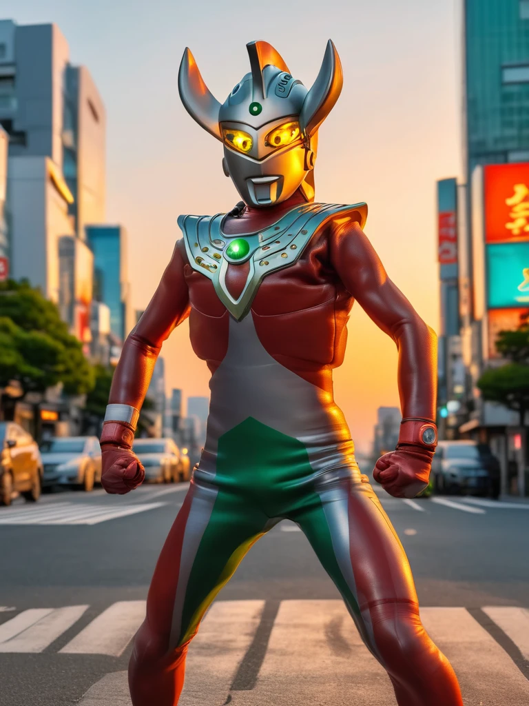 Ultraman Taro standing on the streets of Tokyo at sunset, tall and slim, portrait, fighting pose, photo high quality, realistic photo, reddening at sunset, silver helmet, glass hemisphere on chest glows red, yellow eyes, forehead lamp glows green, martial arts pose, 4K
