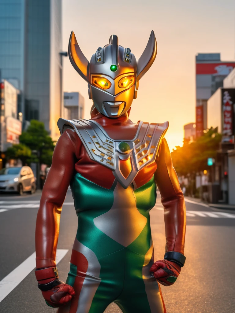 Ultraman Taro standing on the streets of Tokyo at sunset, tall and slim, portrait, fighting pose, photo high quality, realistic photo, reddening at sunset, silver helmet, glass hemisphere on chest glows red, yellow eyes, forehead lamp glows green, martial arts pose, 4K
