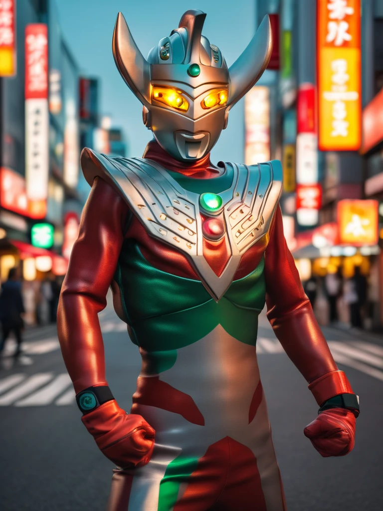 Ultraman Taro standing on the streets of Tokyo at sunset, tall and slim, portrait, fighting pose, photo high quality, realistic photo, reddening at sunset, silver helmet, glass hemisphere on chest glows red, yellow eyes, forehead lamp glows green, martial arts pose, 4K
