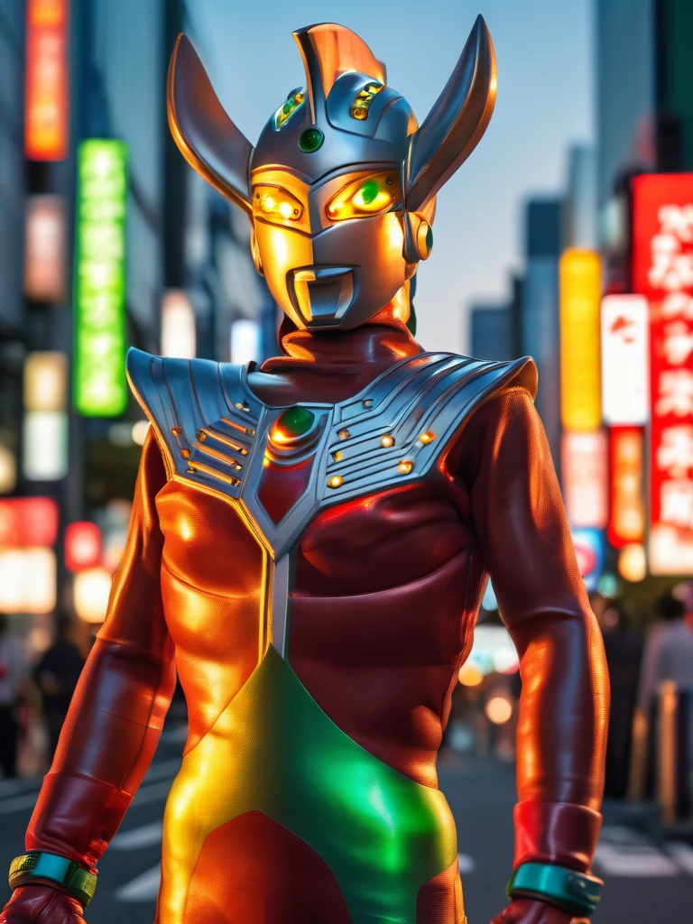 Ultraman Taro standing on the streets of Tokyo at sunset, tall and slim, portrait, fighting pose, photo high quality, realistic photo, reddening at sunset, silver helmet, glass hemisphere on chest glows red, yellow eyes, forehead lamp glows green, martial arts pose, 4K
