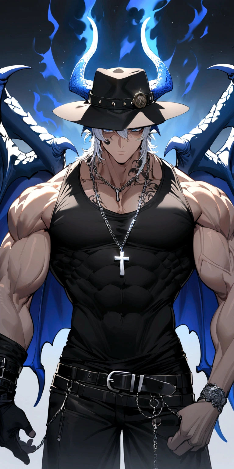 homen,Strong muscles, short white hair, best quality,open chest vest, blue and black clothes, Dragon Wings, black cloth on face, black cross chain around neck, black fedora hat with blue horns on the hat, in paris 