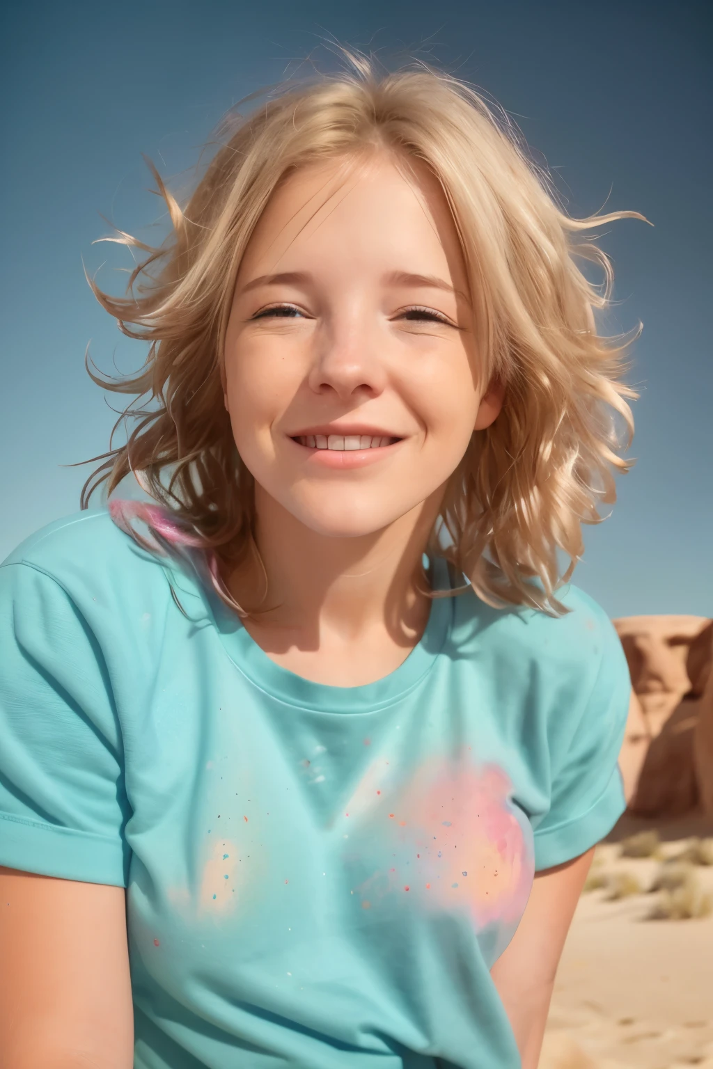 Beautiful American college student, wearing sweatshirt, (smiling), (standing in a desert), gazing at viewer, Festival Holi Color, portraite, Hyper detailed POV, por Lee Jeffries, Nikon D850, film stock photography ,4 Kodak Portra 400 ,f1 camera.6 lenses ,rich colors ,hyperrealisti ,realistic texture, dramatic lighting , Cinemastill 800,