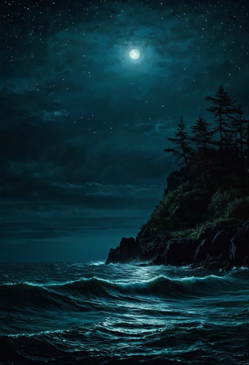 Sea , digital painting, high quality the darkest longest night of the year, style of Ralph Blakelock, Ed Emshwiller, Marianna Rothen, Arthur Rackham, Niko Anttila
