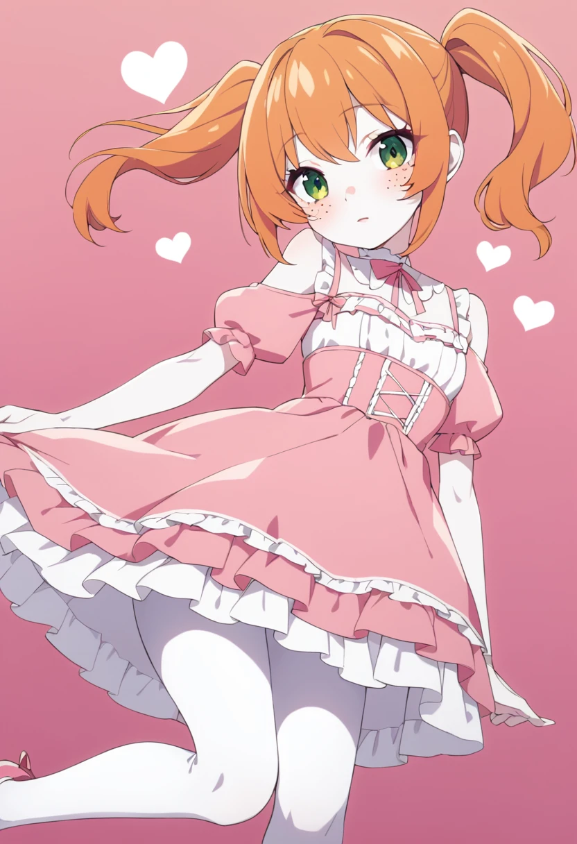 girl, White skin, shoulder length orange hair, loose and with ponytails, green eyes with hearts in the highlights, red eyelashes, freckles, pink lolita dress, pink shoes, white tights