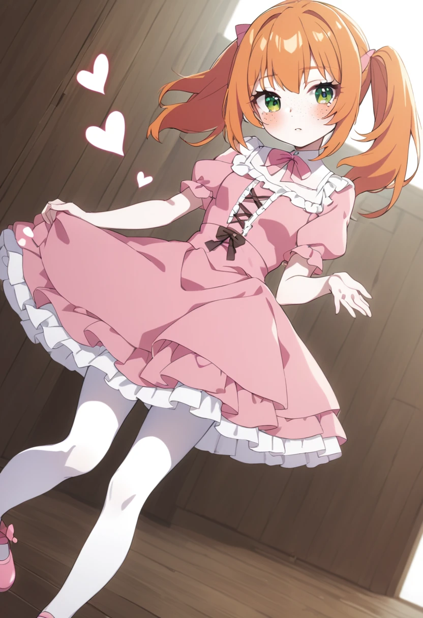 girl, White skin, shoulder length orange hair, loose and with ponytails, green eyes with hearts in the highlights, red eyelashes, freckles, pink ****ta dress, pink shoes, white tights