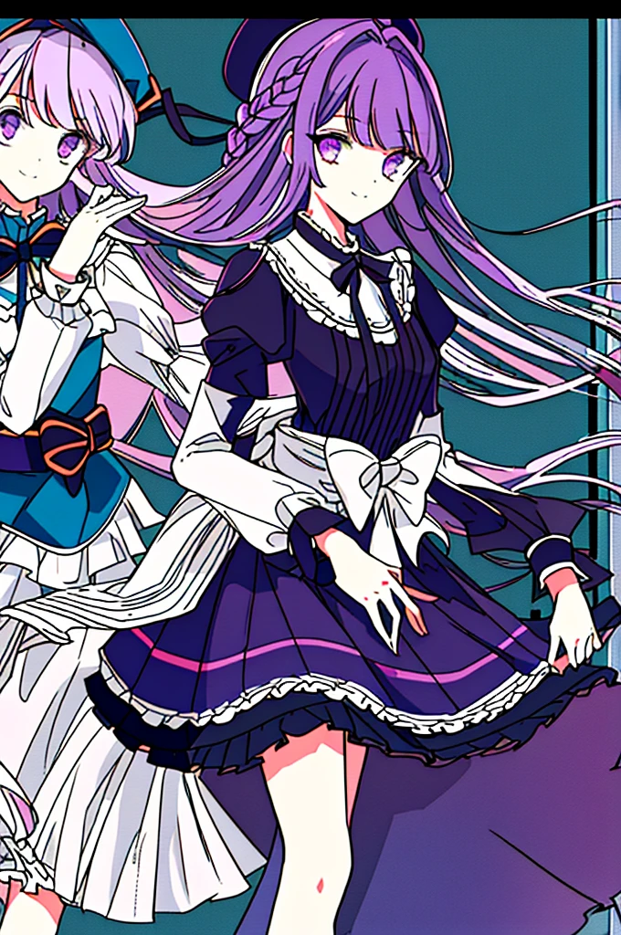 a garter belt, hair on one eye, 1 girl, view the viewer, upper legs, Long sleeves, Hat, Braid, Holding, 2girls, Purple eyes, Breasts, letterboxed, frilld, By bangs,Closed mouth, Cross, Smile, Black dress, Long hair, white scrunchie, Puffy sleeves, bangs,solofocus, Juliet sleeves, ribbon, Purple hair, jewelry,