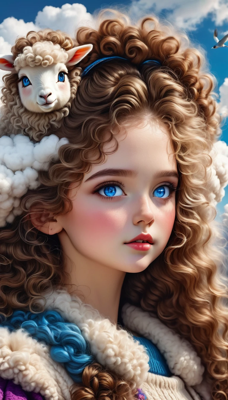 1 girl,bird,beautiful detailed blue eyes,cloud,curly hair,outdoor,furry trim,pom pom(clothes),sheep,sky,solo,upper body,wavy hair,(best quality,4k,8k,highres,masterpiece:1.2),ultra-detailed,(realistic,photorealistic,photo-realistic:1.37),beautiful portrait,fantasy,magical realism,vibrant colors,dramatic lighting