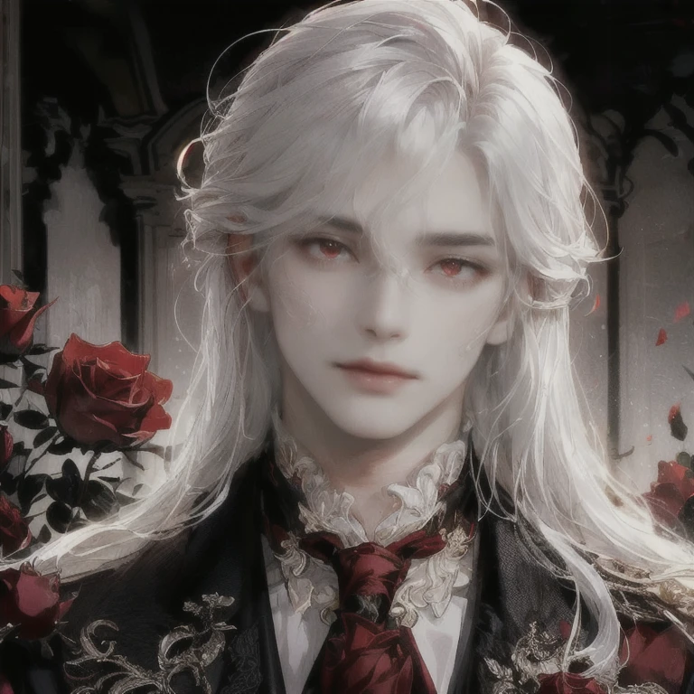  (SEDUCTIVE EYES MALE)(((RED RED EYES, ROSES, MALE)))((GENTLEMAN OUTFIT))(((very very glowing white hair)))((sharp jawline))(((same bangs)))(very pale skin super pale skin)(((DETAILED OUTFIT)))(((ROSES)))((LAYERED OUTFIT))(((( WAVY HAIR)))