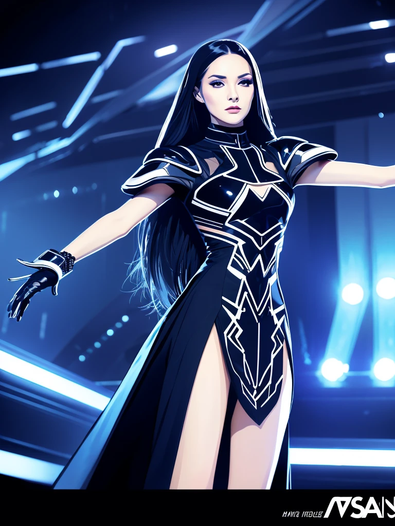 Create an illustration of a female character that resembles Karina from aespa. She must have long straight hair, expressive eyes and a sleek, futuristic appearance. Dress her in modern and stylized clothes, combining high-tech fashion elements with a touch of elegance. The pose should be confident and charismatic, reflecting his stage presence and artistic talent.
