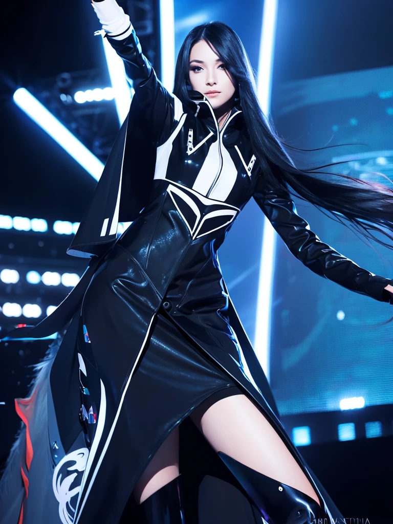 Create an illustration of a female character that resembles Karina from aespa. She must have long straight hair, expressive eyes and a sleek, futuristic appearance. Dress her in modern and stylized clothes, combining high-tech fashion elements with a touch of elegance. The pose should be confident and charismatic, reflecting his stage presence and artistic talent.