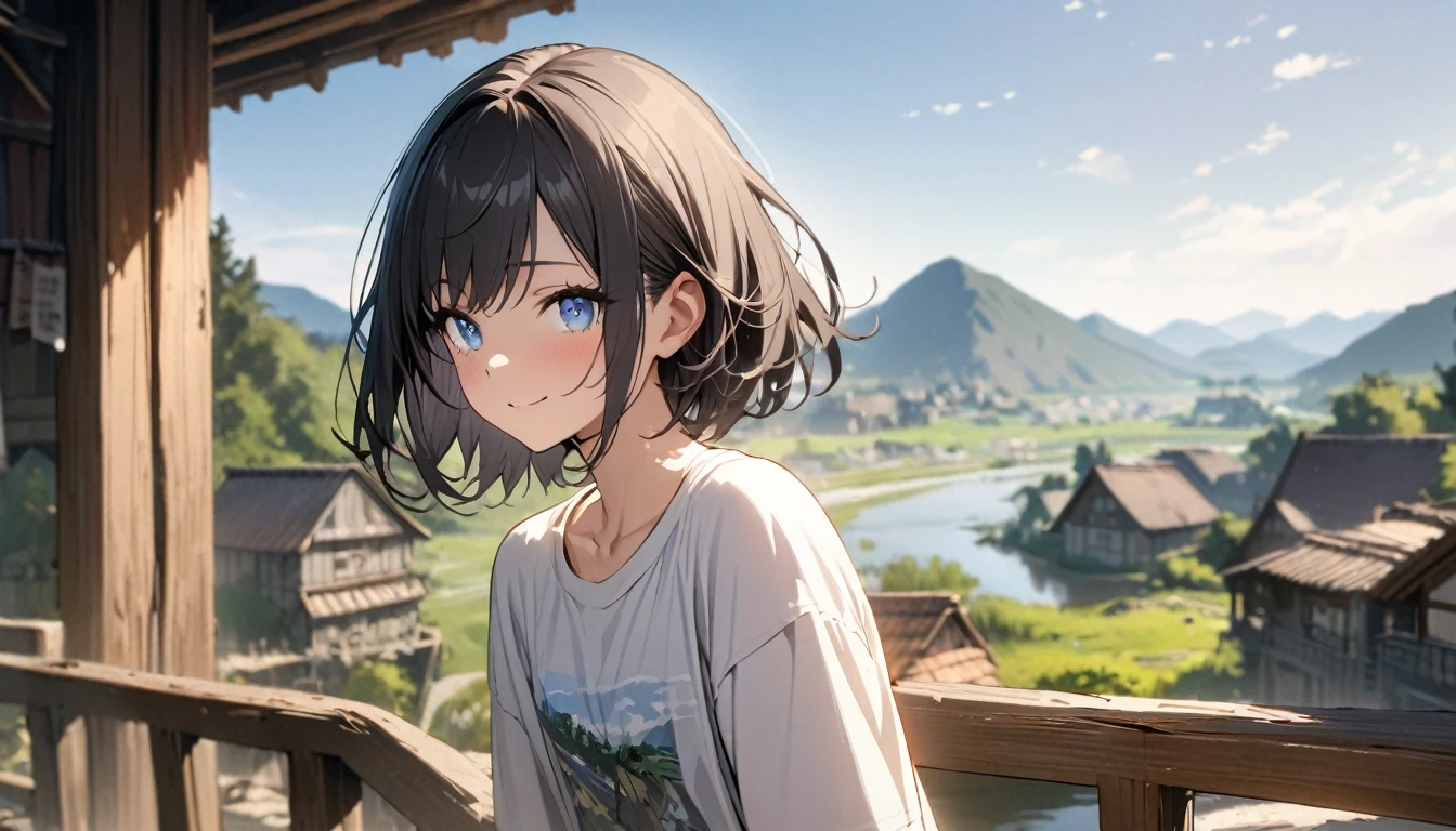 1girl, solo, gentle smile on her face flat chest, blue eyes, (detailed eyes), short hair, black hair, upper body, ((masterpiece, illustration, best quality)) ((best quality)), ((masterpiece)), (detailed), (masterpiece)),(((bestquality))),((ultra-detailed)) realisticlying, 1 girl, Beautiful, black hair, not windy, morning, outdoor, village, river, wearing a t-shirt, montain. (Blur background 10%)