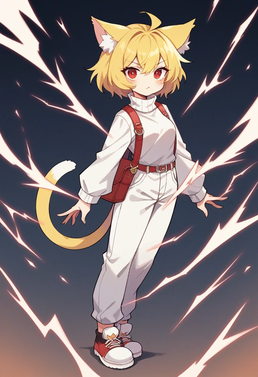 masterpiece, highres, best quality, Ultra-detail, perfect lightning, brai, The Neco Book, 1 girl :3, cat ears, Catgirl, cat tail, alone, yellow hair, red eye, ((white turtleneck)), White clothing, full body is seeable