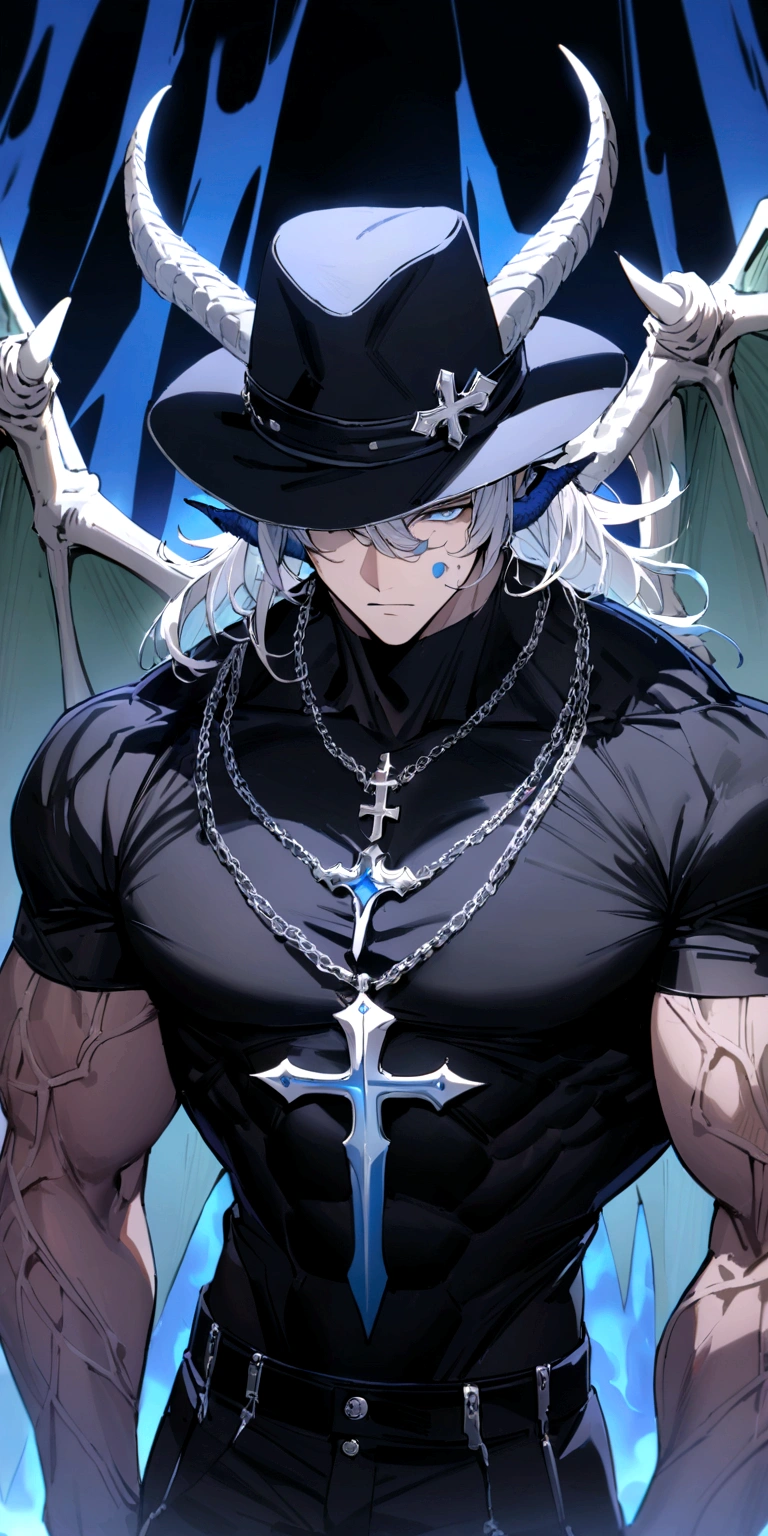 homen,strong muscles, White hair, best qualityer,open chest vest, blue and black clothes, Dragon Wings, black and blue dragon horns, black cloth on face, silver cross chain around neck, black long brimmed fedora hat