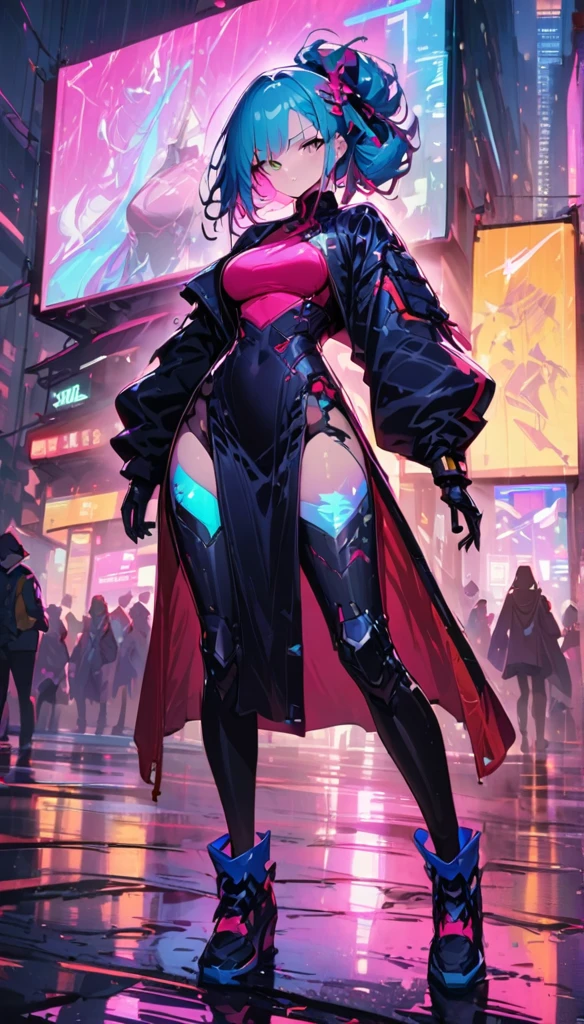 (最high quality), (super fine), (masterpiece), figure, A girl Chinese costume cyber punk, (cyber punk,Chinese service,cybernetic implant),looking at camera,hair accessory, bright colors,dynamic lighting,neon light,shining city skyline,holographic projection,Future Fashion Clothing,Combination of traditional and modern elements,avant-garde makeup,Exquisite hairstyle,confidence and determination,urban environment,downpour,Thoughts on the slippery road sensation,mechanical armor, gorgeous accessories,High-tech products,Impressive cybernetic enhancements,clear focus,Awkward details, overclocked rendering, cinematic edge light, fine light, masterpiece, Super detailed, magnificent work, ultra high resolution, high quality, 32k