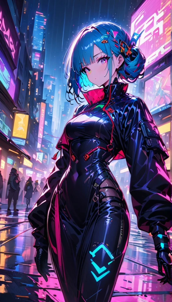 (最high quality), (super fine), (masterpiece), figure, A girl Chinese costume cyber punk, （cyber punk，Chinese service，cybernetic implant），looking at camera,hair accessory, bright colors，dynamic lighting，neon light，shining city skyline，holographic projection，Future Fashion Clothing，Combination of traditional and modern elements，avant-garde makeup，Exquisite hairstyle，confidence and determination，urban environment，downpour，Thoughts on the slippery road sensation，mechanical armor, gorgeous accessories，High-tech products，Impressive cybernetic enhancements，clear focus，Awkward details, overclocked rendering, cinematic edge light, fine light, masterpiece, Super detailed, magnificent work, ultra high resolution, high quality, 32k