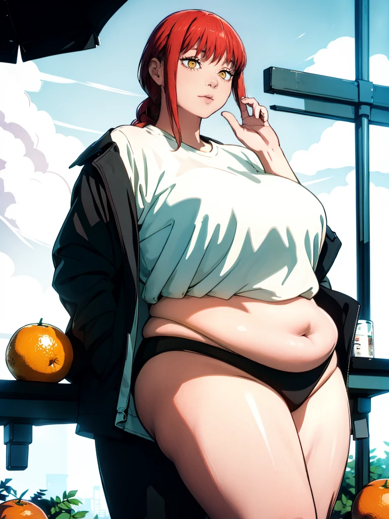 Le personnage Makima de la série animée Chainsaw Man, fragile, obésité morbide, ssbbw, pleine longueur (corps entier 1.1.), fond sombre, obscurité, anatomie correcte 1.1, anatomie correcte de la main, Très féminin, corps gras et rond, grosses Jambes, fesses, beau corps obèse, ventre rond et mou très gras, cheveux roux, Yeux oranges, Cercles rouges pour les écoliers, chemise blanche, jupe noire, cravate noire, pose sexy, réaliste, very détaillé, beau corps, détaillé body, détaillé hands, détaillé, vibrant, détaillé Face, Conception des personnages de Makima. very détaillé, détaillé body, détaillé hands, détaillé Face, Art animé, Hugh Détails, Visage très abattu, détaillé eyes, Illustration ultra fine, Meilleure ombre, détail fin, beautiful détaillé glow, beautiful détaillé, Extraordinairement beau, extremely détaillé, inexpressif, composition épique, Style animé. art animé, Style animé. Jupe noire, chemise blanche, cravatte, pose sexy, visage gras et bouffis et double menton