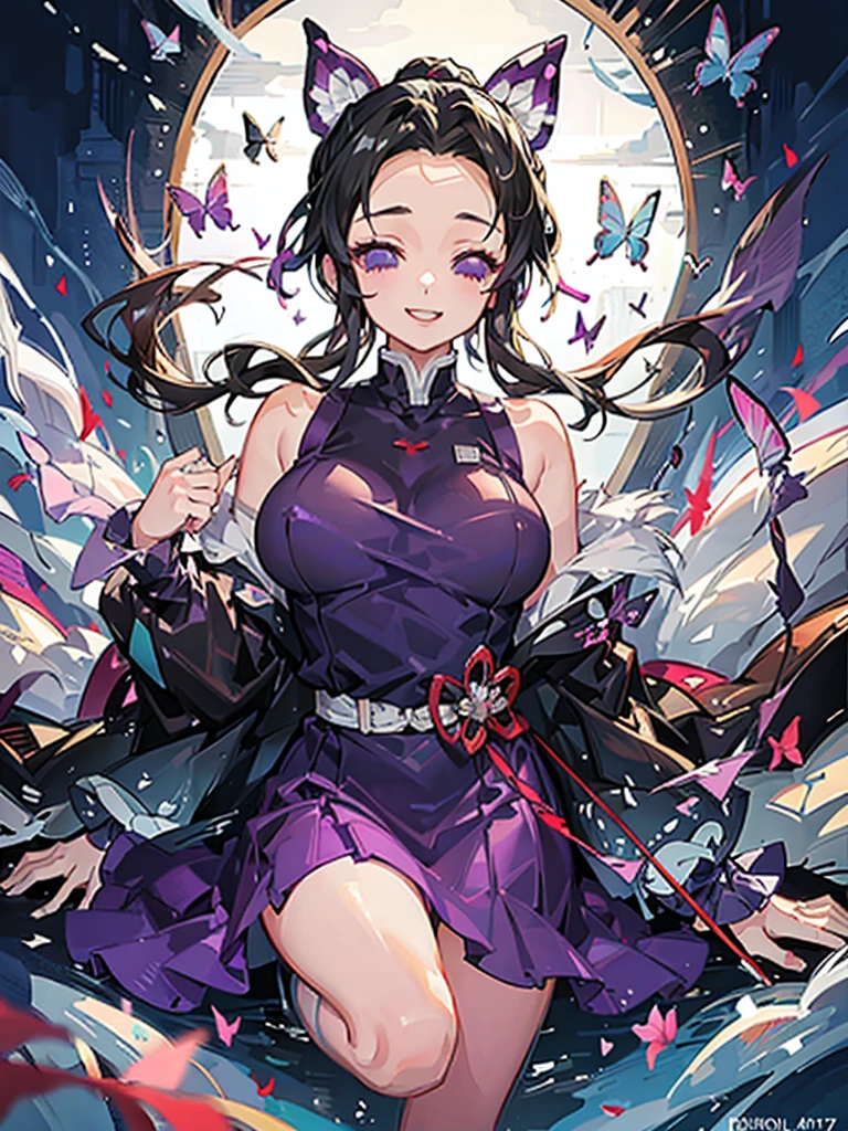 Full body photo shinobu kocho from demon slayer anime, at a Japanese royal palace room, beautiful woman, smiling, close eyes, dimples, sedutice expression, sexy dress, purple aura, butterfly wings, open breast