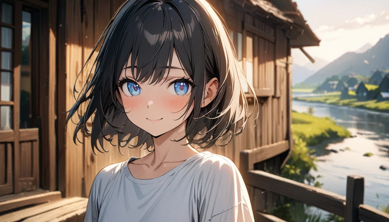 1girl, solo, gentle smile on her face flat chest, blue eyes, (detailed eyes), short hair, black hair, upper body, ((masterpiece, illustration, best quality)) ((best quality)), ((masterpiece)), (detailed), (masterpiece)),(((bestquality))),((ultra-detailed)) realisticlying, 1 girl, Beautiful, black hair, not windy, morning, outdoor, village, river, wearing a t-shirt, montain. (Blur background 10%)
