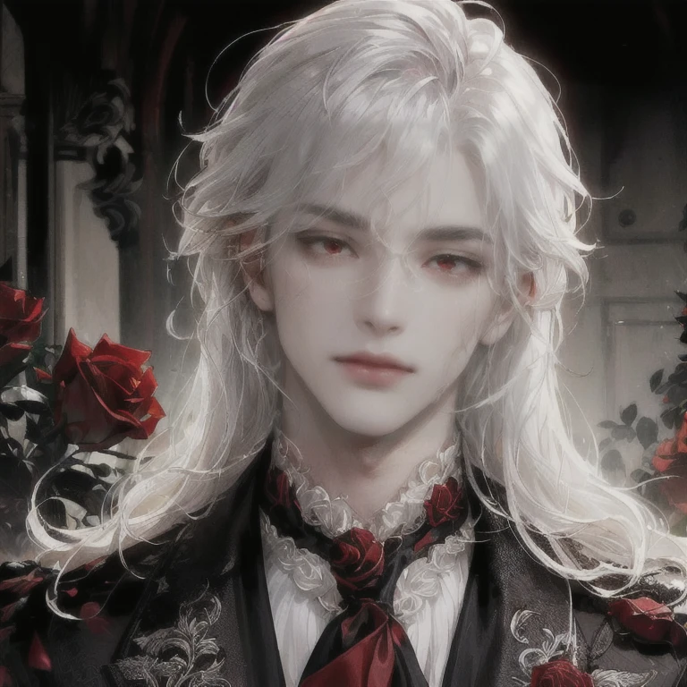  (SEDUCTIVE EYES MALE)(((RED RED EYES, ROSES, MALE)))((GENTLEMAN OUTFIT))(((very very glowing white hair)))((sharp jawline))(((same bangs)))(very pale skin super pale skin)(((DETAILED OUTFIT)))(((ROSES)))((LAYERED OUTFIT))((((MESSY WAVY HAIR)))