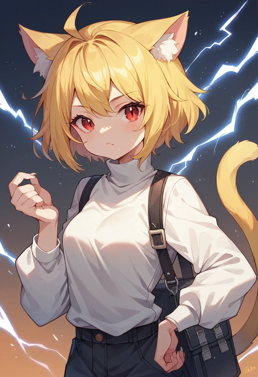 masterpiece, highres, best quality, Ultra-detail, perfect lightning, brai, The Neco Book, 1 girl :3, cat ears, Catgirl, cat tail, alone, yellow hair, red eye, ((white turtleneck)), White clothing